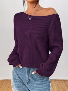SHEIN PETITE 白色女款長袖套頭毛衣，可披肩穿著，適合秋冬，適合嬌小女性 - 紫色 - 查看 7