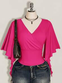 SHEIN ICON 女款大尺碼黑色夏季哥德風性感夜店約會派對夜店 T-shirt，復古優雅 V 領荷葉袖修身 Y2K 風格 - 玫紅色 - 查看 1