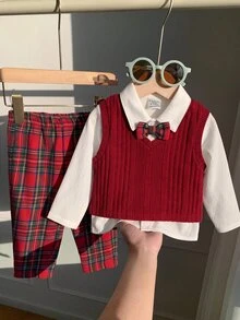 SHEIN Baby Boy Bowknot Decor Shirt, Ribbed Vest Jacket And Plaid Pants Set - Red - View 6