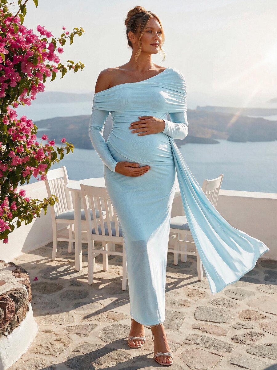 Loomaby Maternity Solid Color Ruched Asymmetric Neck Casual Party ...