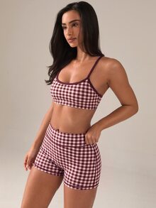 SHEIN BAE Women's Plaid Camisole Top And Shorts Sports Set - Burgundy - View 5