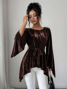 Elenzga Autumn/Winter Round Neck Coffee Color Velvet Pleated Blouse - Coffee Brown - View 6