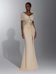 Elitara Elegant Luxury Beaded Chiffon Evening Gown With Off-Shoulder Corset Bodice And Twisted Ruched Slit Mermaid Skirt Design, Suitable For Weddings Or Formal Parties - Apricot - View 7