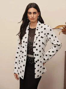 BELROSIE Autumn Black Polka Dot Lapel Elegant Romantic Long Sleeve Blazer - White - View 4