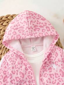 SHEIN Baby Girl Leopard Print Hooded Jacket And Striped Colorblock Pants Set - Pink - View 5