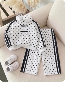 SHEIN 女嬰波點印花拉鍊半開襟運動衫與條紋拼接配色長褲套裝 - 白色 - 查看 3