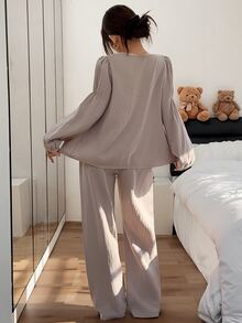 Napfluff Solid Color 100% Cotton Round Neck Contrast Trim Bow Decor Long Sleeve Pants Women Loungewear Set - Mocha Brown - View 2