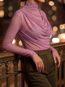 Editum 女款性感透視長袖高領上衣，彈性網紗抓皺設計，適合晚宴、夜生活、約會、上班與日常穿著，黑色秋季 - 淺灰紫 - 查看 7