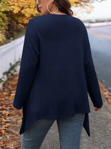 SHEIN VCAY 大尺碼冬季時尚女裝 深紫色寬鬆長版針織開襟外套 不對稱領設計 適合辦公室正式工作 感恩節秋季穿搭 - 寶藍色 - 查看 3