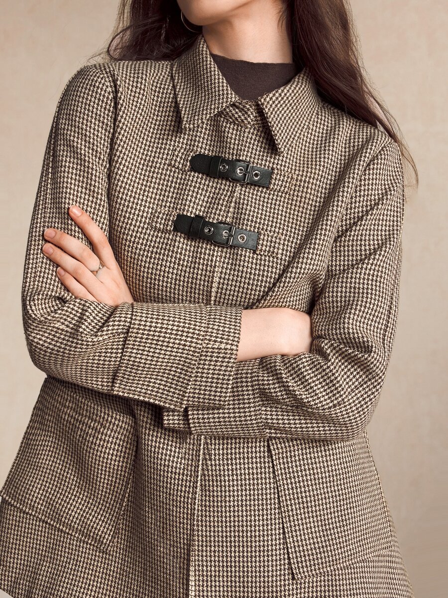 BizChic Women's Autumn/Winter Houndstooth Pattern Overcoat With Eyelet Button Placket - Multicolor - View 1