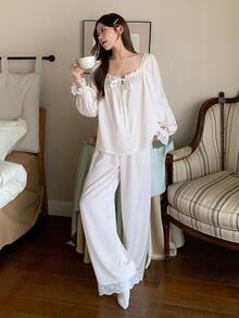 DAZY 2pcs/Set Women's Sweet Cute Fairy Solid Color Lace Patchwork Square Neck Long Sleeve Long Pajama Pants Sleepwear Set Sleep Pink Camo - Apricot - View 6