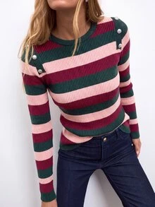 Nöista Women's Street Striped Colorblock Long Sleeve Sweater Holiday - Burgundy - View 2