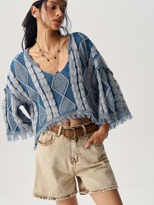 Bohemela Vintage Mixed Color Twisted Rope Loose Knit Pullover Sweater - Blue - View 3
