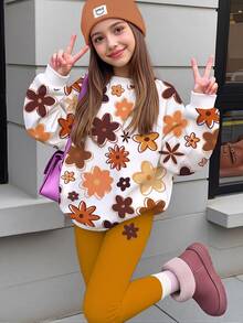 女童休閒可愛秋季甜美彩色花卉印花，美拉德色調，圓領衛衣與鬆緊腰長褲套裝，適合秋冬保暖，日系可愛舒適秋冬風格 - 白色 - 查看 1
