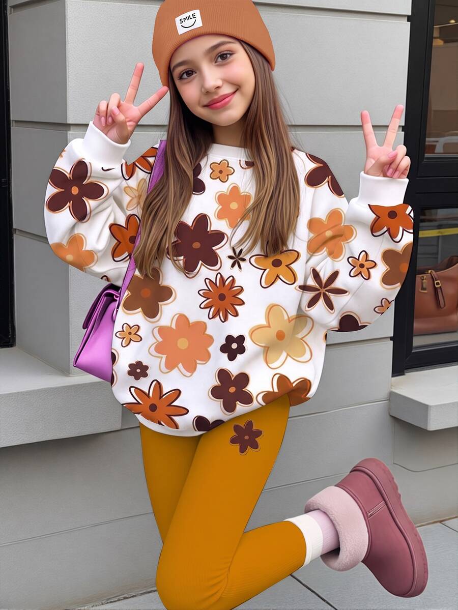 女童休閒可愛秋季甜美彩色花卉印花,美拉德色調,圓領衛衣與鬆緊腰長褲套裝,適合秋冬保暖,日系可愛舒適秋冬風格 - 白色 - 查看 1