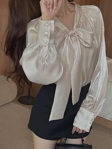 DAZY Women's French Style Gentle Long Sleeve Blouse For Dating And Vacation - Apricot - View 1