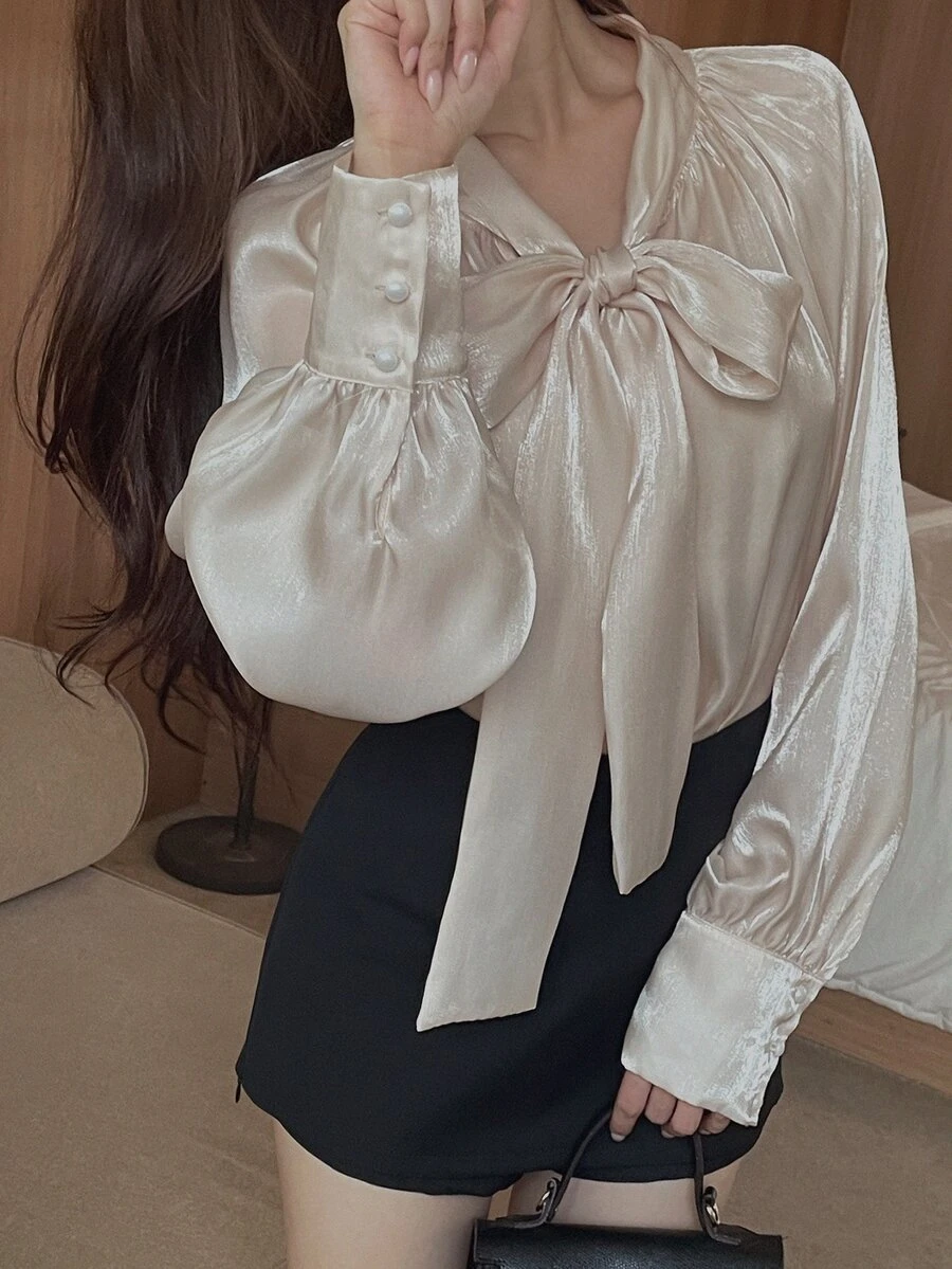 DAZY Women's French Style Gentle Long Sleeve Blouse For Dating And Vacation - Apricot - View 1