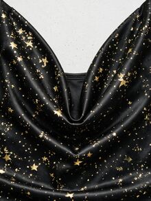 Grovea Plus Size Starry Print Camisole Tank Top With Star Pattern, Cowl Neck Design, Spaghetti Strap, Slim Fit, Lightweight Luxury Vibe, Elastic Fabric, Slim Fit, Suitable For Dates, Parties, Daily Wear, Layering, Outerwear, Easily Create A Sophisticated Look - Black - View 4