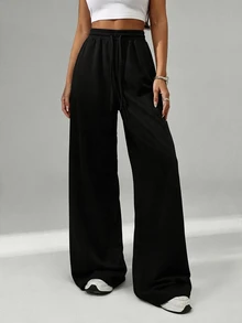 SHEIN PETITE CURVE Quần dài casual size lớn màu trơn phong cách tối giản, cạp rút dây, có túi, cho mùa thu - màu đen - Xem 11