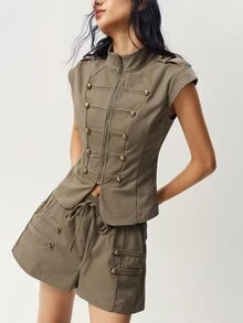 Bohemela Women's Double-Breasted Zipper Top And Shorts Casual Daily 2 Pieces Set - Army Green - View 2