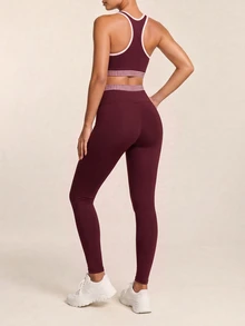 SHEIN BAE طقم رياضي نسائي من توب بدون أكمام بتصميم مربعات ورقعات مع ليقنز - عنابي اللون - مشاهدة 2