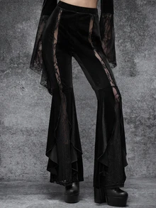 Cryptelle Women's High Waist Lace Patchwork Sexy Flare Leg Pants, Gothic Style Halloween Outfit, Autumn/Winter - Black - View 5