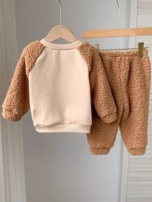 SHEIN 男嬰秋冬保暖內裡加厚棕色泰迪熊可愛毛絨套裝，適合節日、聖誕節、萬聖節禮物 - 棕色 - 查看 2
