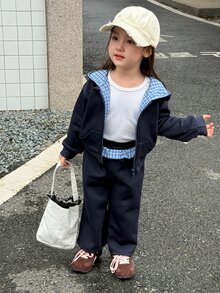 DAZY Infant (Girl) Plaid Patchwork Long Sleeve Autumn/Winter 2 Pieces Sweatshirt Set - Navy Blue - View 4
