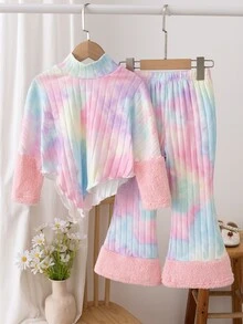 SHEIN 女童紮染羅紋兩件套，半高領不對稱上衣搭配毛絨拼接袖口 + 喇叭寬腿褲套裝，拍照吸睛派對穿搭，春/秋季 - 彩色 - 查看 2