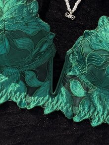SHEIN 2件組法式經典黑色V領內衣套裝 - 綠色 - 查看 4