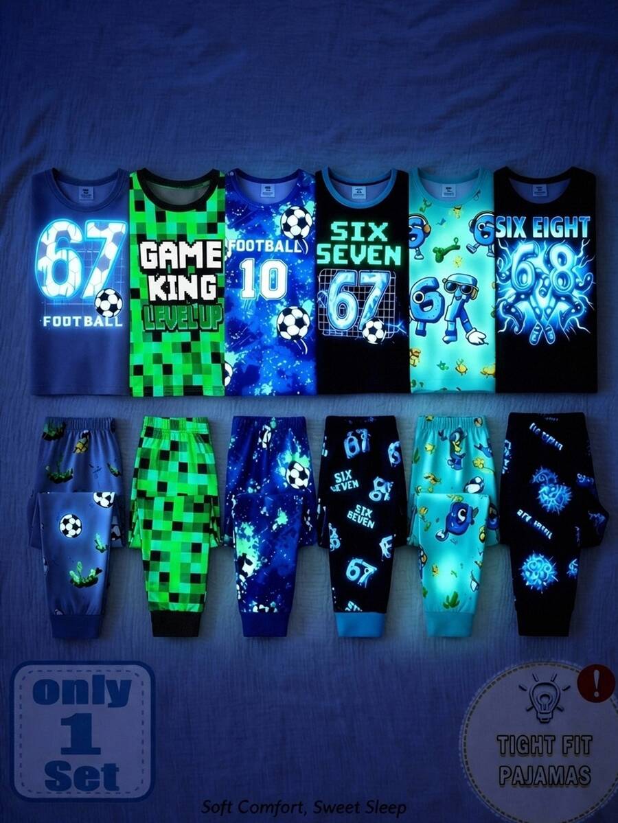 SHEIN Tween Boy 1set Glow In The Dark Soccer & Letter Graphic Tissue PJ Set - Green - View 1
