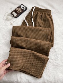 Comfortcana Plus Size Women's Drawstring Waist Plaid Wide Leg Loose Casual Long Pants - Brown - View 6
