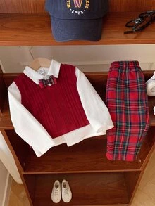SHEIN Baby Boy Bowknot Decor Shirt, Ribbed Vest Jacket And Plaid Pants Set - Red - View 7