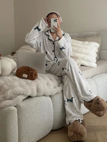 Livesso Women's Cartoon Animal Long Sleeve Single-Breasted Top And Pants Pajama Set - Grey - View 11