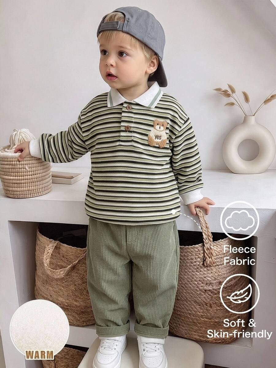 Kids Young Boy Loose Casual Minimalist Comfortable Collared Bear Decor Sweatshirt And Pants Set - Multicolor - View 1
