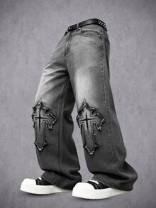 Manfinity Denimwave 男士街頭風哥德十字貼布原邊刺繡設計漸層水洗牛仔褲 - 灰色 - 查看 8