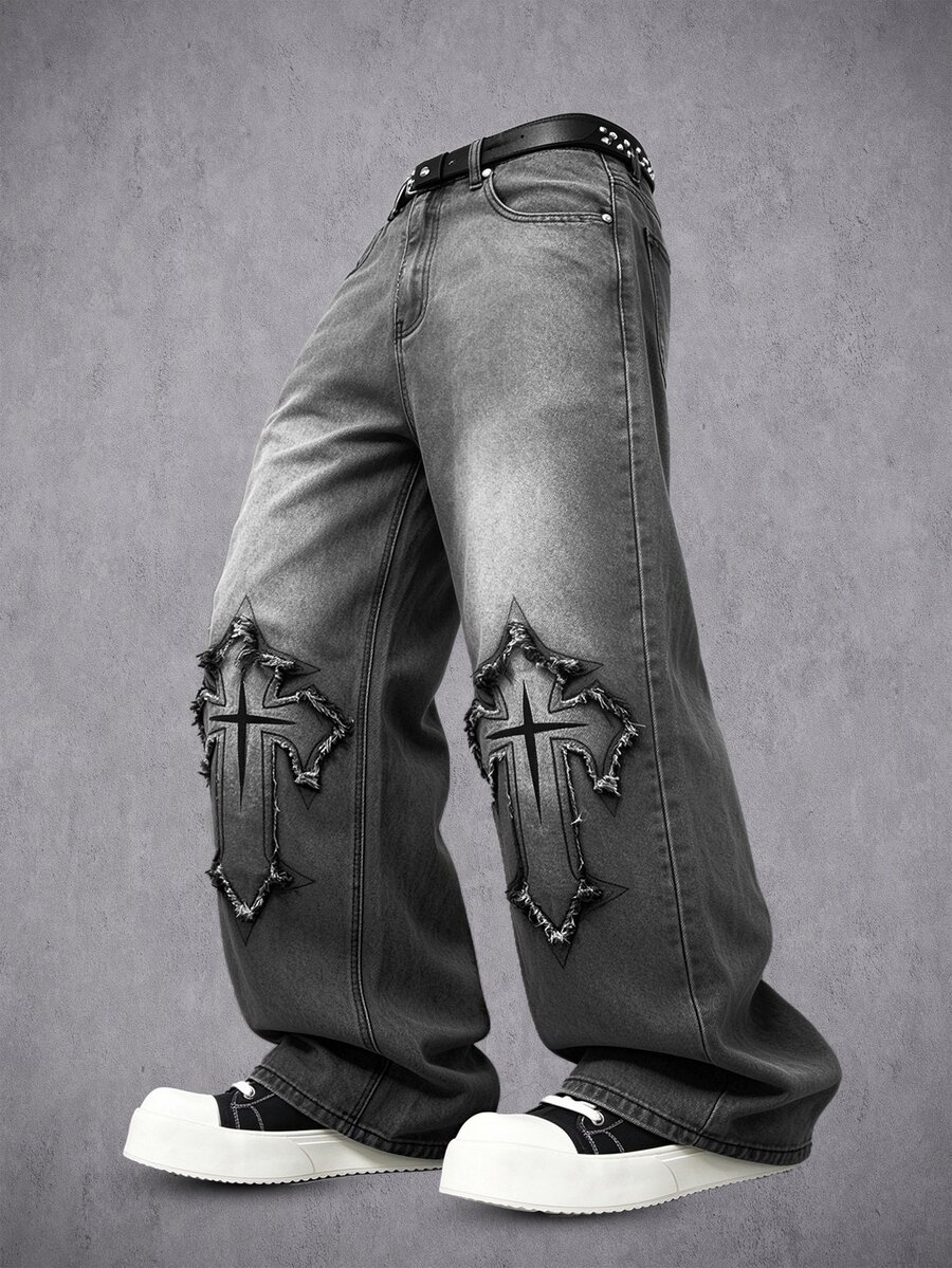 Manfinity Denimwave Men's Streetwear Gothic Cross Patch Raw Edge Embroidered Design Gradient Washed Denim Jeans - Grey - View 1