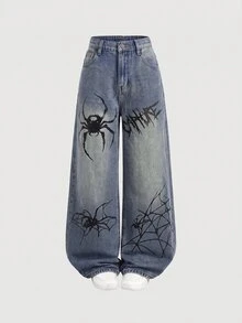 Girlism Tween Girl Spider Print Kids Loose Fit Denim Jeans - Light Wash - View 4