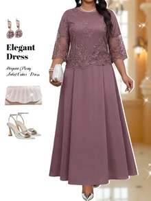SHEIN CURVE+ Plus Size Women's Contrast Lace Round Neck 3/4 Sleeve Elegant Dress Fall - Purple - View 4