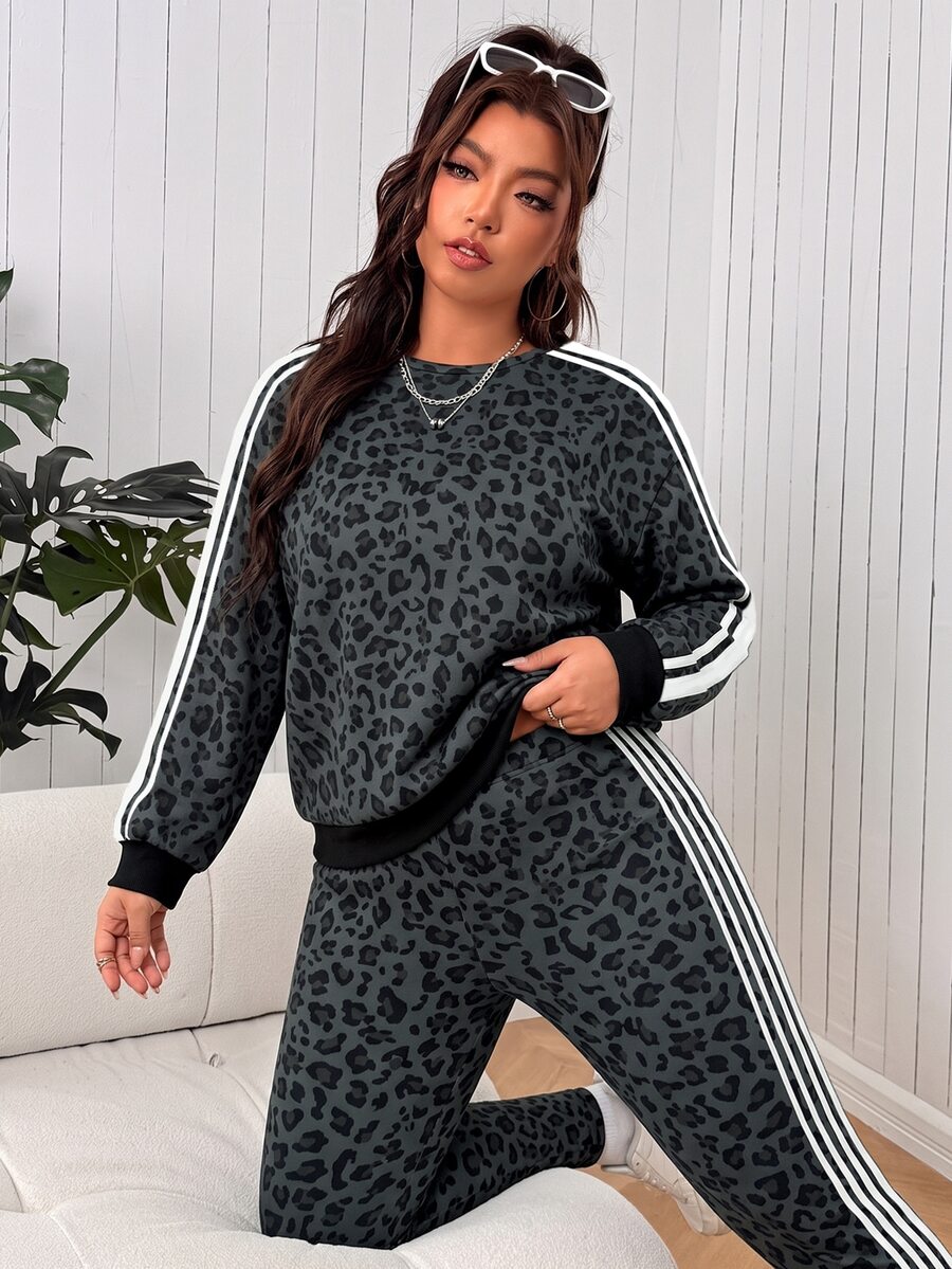 SHEIN EZwear Plus Size Leopard Print Long Sleeve Sweatshirt And Striped Colorblock Pants 2 Pieces Set - Mocha Brown - View 1