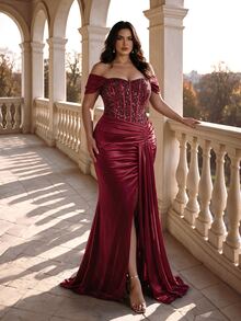 Coutiva Plus Size Women Off-Shoulder Ruched Slit Design Elegant Waist-Cinching Formal Evening Gown Dress - Burgundy - View 4