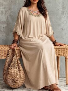 Linhara CURVE Elegant Plus Size Women's Gold Thread Embroidered Lace Patchwork Loose Flare Sleeve Party Date Holiday Dress - Champagne - View 1