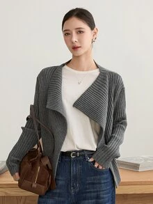 Dazy-Less Women's Vintage Ribbed Long Sleeve Knit Cardigan - Grey - View 1