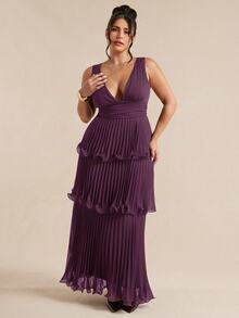 SHEIN BAE CURVE 大尺碼女款多層蛋糕荷葉拼接復古洋裝 - 紫色 - 查看 6