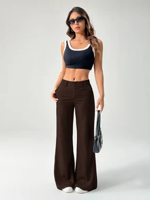SHEIN PETITE 新款夏季低腰休閒商務休閒時尚個性西裝長褲，小個女教師節辦公室灰色 - 摩卡棕 - 查看 4