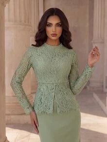 Coutiva Elegant Formal Romantic Lady Lace Long Sleeve Mermaid Dress Wedding Gala Dinner Sage Green - Green - View 8