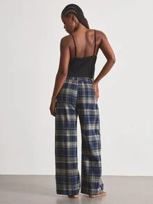 Ocili Ribbed Comfortable Lace Trim Minimalist Plaid Cotton Long Pants Drawstring Women's Loungewear Set - Multicolor - View 2