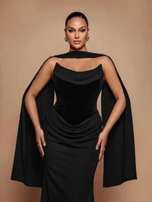 Glamrae فستان سهرة أنيق رومانسي بمقاس كبير، بياقة كول منسدلة وخط عنق مطوي، من الساتان مع رقعات، بحمالات ساتان مرنة وكشكشة، بقصة ضيقة للجسم وذيل حورية البحر، مزين بزخارف كثيفة (تصميم ثقيل) - الأسود - مشاهدة 2