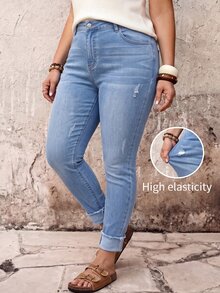 SHEIN ICON 大尺碼女款高彈性口袋修身休閒牛仔褲 - 淺色水洗藍 - 查看 1