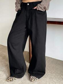 Dazy Plus Semi-Elastic Waist Solid Color Fashion Casual Straight Leg Long Plus Size Women's Jeans All Season - Black - View 5